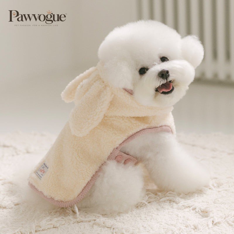 Small white dog wearing a beige sweater with pink trim on a light background